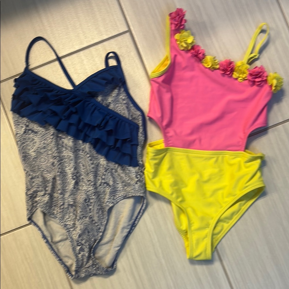 Cynthia Rowley Blue & Pink One Piece Girls Swimsuits with Textured Design
